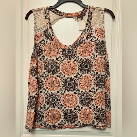#2709 - Rags to Wishes Crinkle Gauze Lace Accents Medallion Mandala Swing Tank - Picture 1 of 9